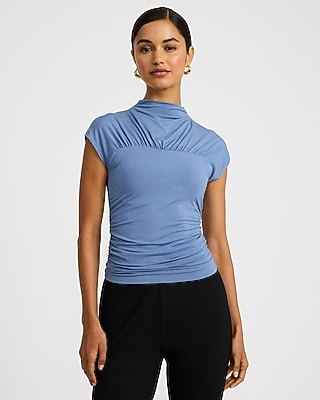 Mock Neck Cap Sleeve Ruched Tee