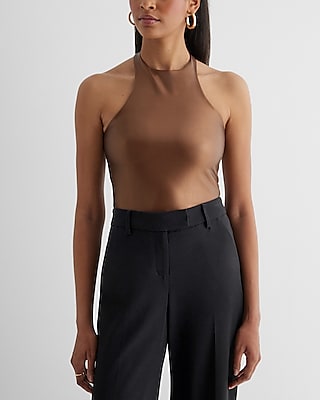 Bodycon Metallic Faux Leather Halter Neck Bodysuit