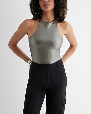 Bodycon Metallic Faux Leather Halter Neck Bodysuit Silver Women's S