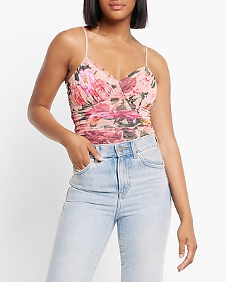 Bodycon Floral Mesh Cami Thong Bodysuit With Removable Cups