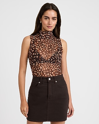 Mesh Printed Mock Neck Sleeveless Bodysuit