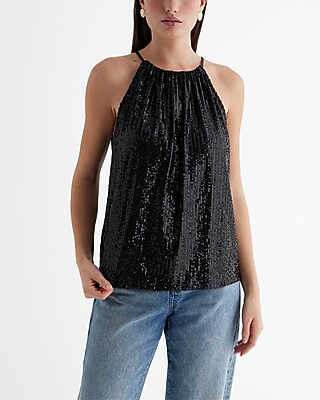 Sequin Halter Neck Ruched Tank