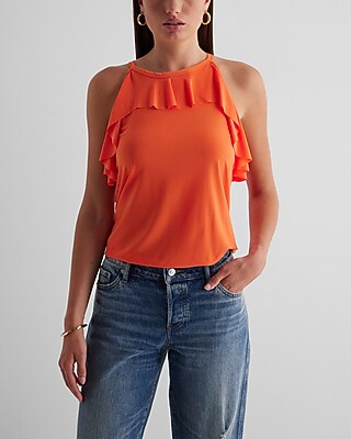 High Neck Ruffle Tank Orange Women's S