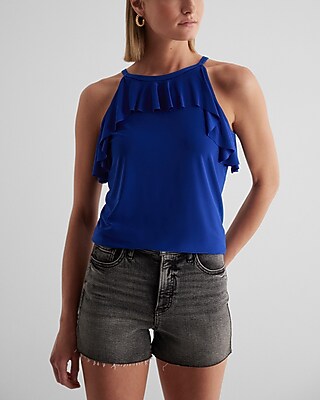 High Neck Ruffle Tank Blue Women's L