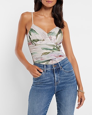 Bodycon Floral Mesh Cami Thong Bodysuit With Removable Cups