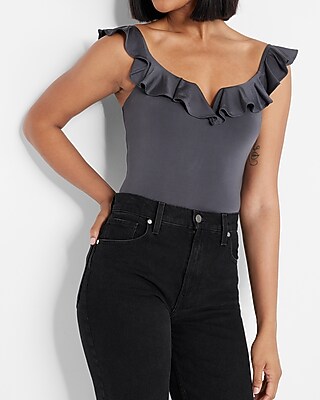 Bodycon Compression Silky Ruffle V-Wire Neckline Thong Bodysuit