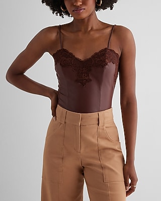 Bodycon Faux Leather Lace Crop Top Brown Women's XS