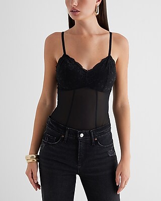 Fitted Lace Mesh V-Neck Bustier Bodysuit Black Women's S