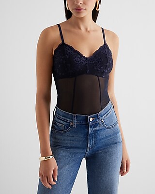 Fitted Lace Mesh V-Neck Bustier Bodysuit