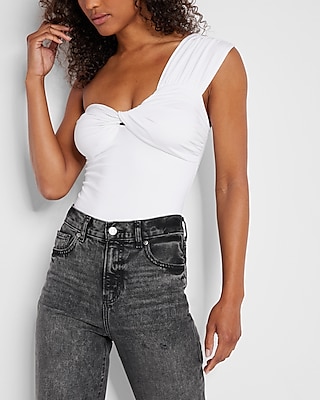 Bodycon Compression Silky One Shoulder Twist Thong Bodysuit With Removable Cups White Women's XXS