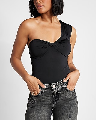 Bodycon Compression Silky One Shoulder Twist Thong Bodysuit With Removable Cups Black Women's XS