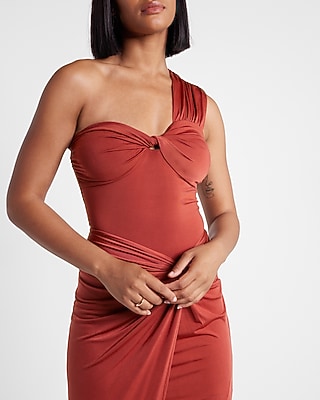 Bodycon Compression Silky One Shoulder Twist Thong Bodysuit With Removable Cups Orange Women's XS