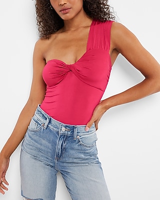 Bodycon Compression Silky One Shoulder Twist Thong Bodysuit With Removable Cups Pink Women's XXS