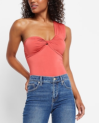 Bodycon Compression Silky One Shoulder Twist Thong Bodysuit With Removable Cups Orange Women's S