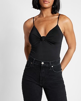 Bodycon Compression Silky Knotted Front Thong Bodysuit With Removable Cups Black Women's L
