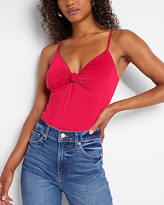 Bodycon Compression Silky Knotted Front Thong Bodysuit With Removable Cups