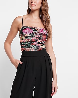 Express Body Contour Floral Mesh Crop Top With Removable Cups Multi-Color  Women's XS
