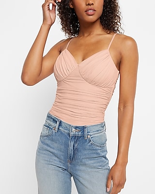 Bodycon Mesh Cami Thong Bodysuit With Removable Cups