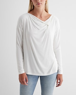 Supersoft Relaxed Notch Draped Neck Long Sleeve Tee White Women's L
