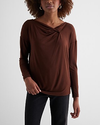 Supersoft Relaxed Notch Draped Neck Long Sleeve Tee Brown Women's M