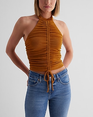 Fitted Halter Neck Ruched Tank Yellow Women's XL