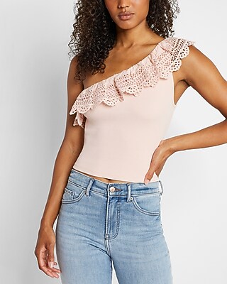Lace Ruffle One Shoulder Crop Top Pink Women's XL