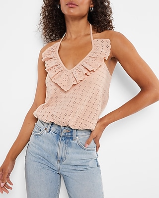 Eyelet Ruffle Halter V-Neck Bubble Tank Pink Women's XL