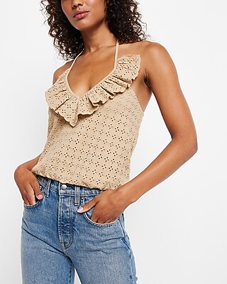 Eyelet Ruffle Halter V-Neck Bubble Tank Neutral Women's S
