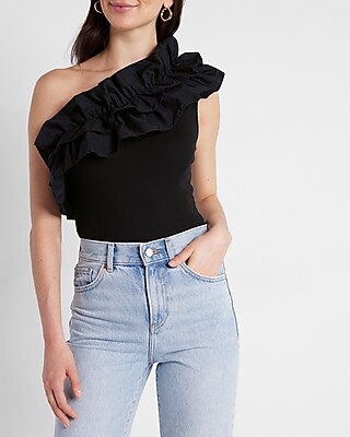 Poplin Ruffle One Shoulder Thong Bodysuit