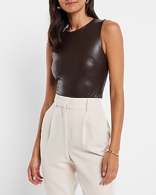 Bodycon Faux Leather High Neck Bodysuit Brown Women's L