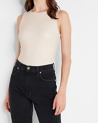 Bodycon Faux Leather High Neck Bodysuit Neutral Women's XS