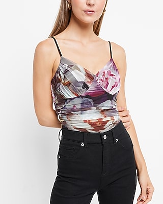 Bodycon Floral Mesh Cami Thong Bodysuit With Removable Cups