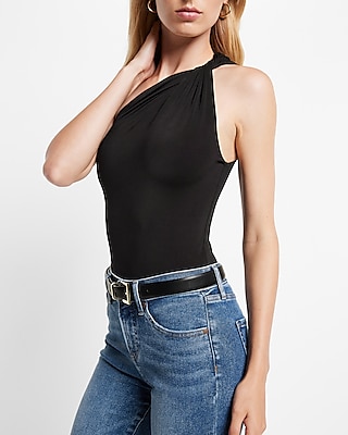 Bodycon Compression Silky Twisted One Shoulder Thong Bodysuit