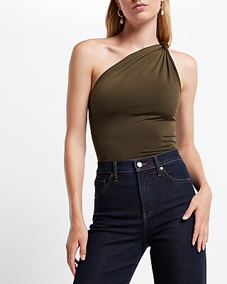 Bodycon Compression Silky Twisted One Shoulder Thong Bodysuit Green Women's XXS