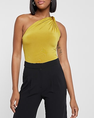 Bodycon Compression Silky Twisted One Shoulder Thong Bodysuit Green Women's XXS