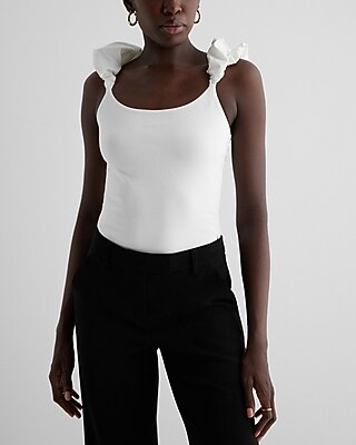 Scoop Neck Puff Strap Thong Bodysuit White Women's XL