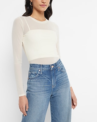 Mesh Crew Neck Long Sleeve Bodysuit White Women's XXS