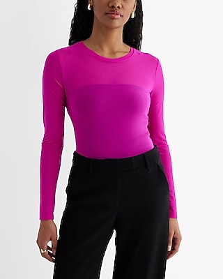 Mesh Crew Neck Long Sleeve Bodysuit Pink Women's S