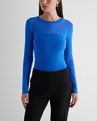 Mesh Crew Neck Long Sleeve Bodysuit Blue Women's S