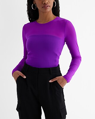 Mesh Crew Neck Long Sleeve Bodysuit Purple Women's M
