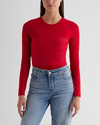 Mesh Crew Neck Long Sleeve Bodysuit Red Women's M