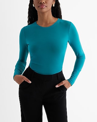Mesh Crew Neck Long Sleeve Bodysuit Blue Women's XS