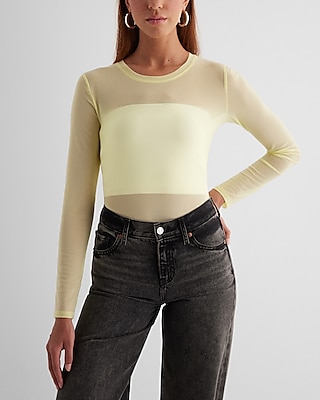 Mesh Crew Neck Long Sleeve Bodysuit Yellow Women's L