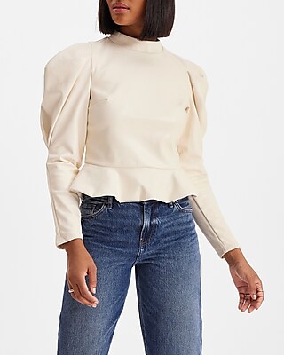 Faux Leather Mock Neck Puff Sleeve Peplum Top White Women's