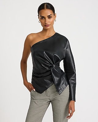Faux Leather One Shoulder Long Sleeve Twist Front Top