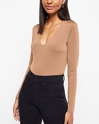 Bodycon Compression V-Neck Long Sleeve Bodysuit Brown Women's XS