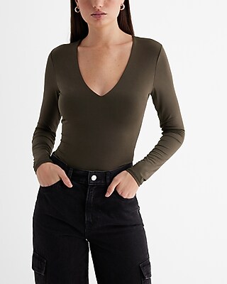 Bodycon Compression V-Neck Long Sleeve Bodysuit Green Women's S