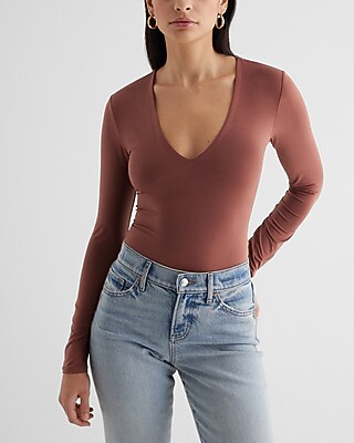 Bodycon Compression V-Neck Long Sleeve Bodysuit Brown Women's XL