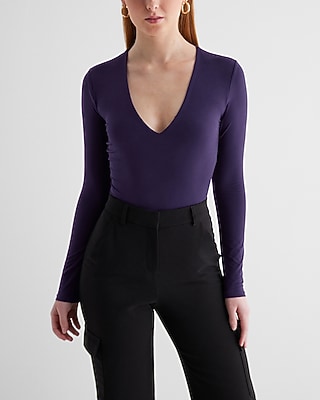 Bodycon Compression V-Neck Long Sleeve Bodysuit Purple Women's S
