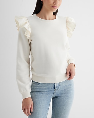 Skimming Crew Neck Poplin Ruffle Shoulder Fleece Sweatshirt